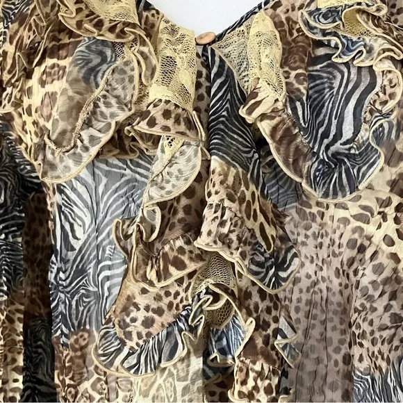 NWT 90s Y2K Vintage MK Solo Animal Print Sheer Ruffle Blouse Lace. Size XL - Picture 9 of 12